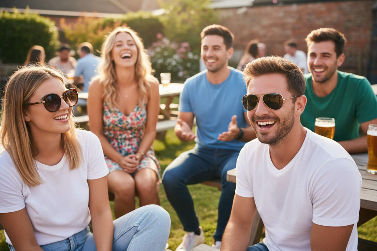 Group of friends enjoying a sunny British bank holiday outdoors, two wearing polarised sunglasses