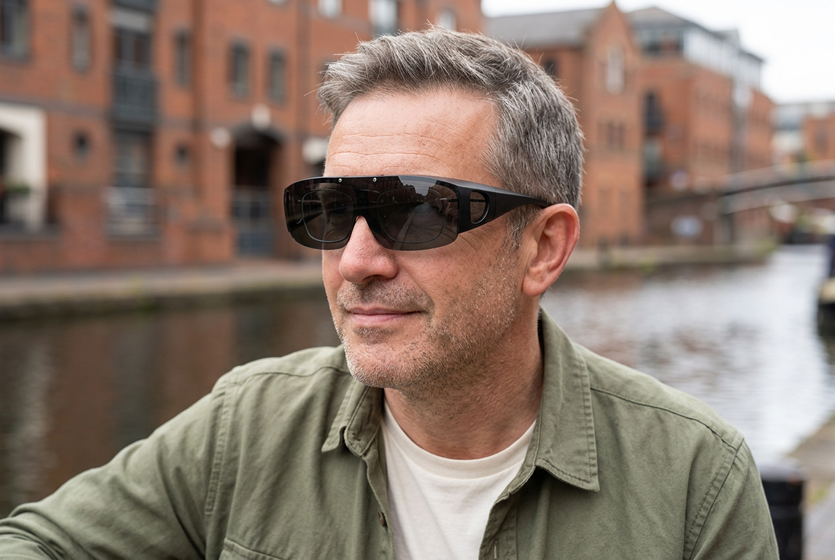 Man wearing black overglasses sunglasses over prescription spectacles beside a Birmingham canal, with red-brick buildings in the background.
