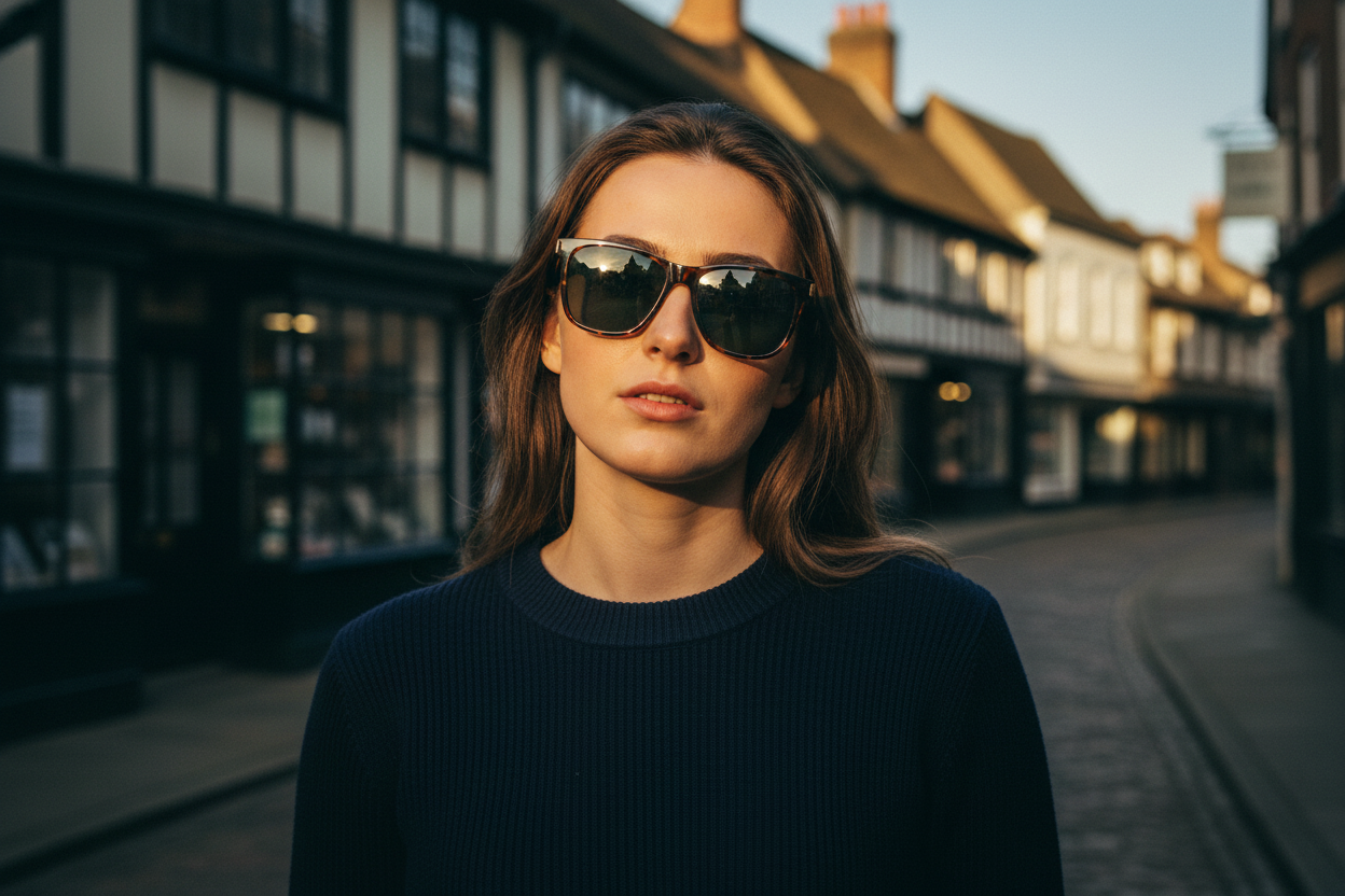 Woman wearing Missandtrendy Eighties II UV400 polarised tortoiseshell sunglasses in Norwich