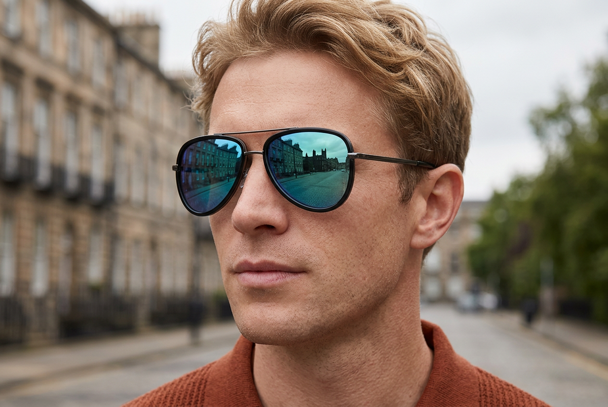 Close-up of a man wearing blue-green mirrored aviator sunglasses reflecting Edinburgh’s stone buildings, with a rust-coloured knit polo
