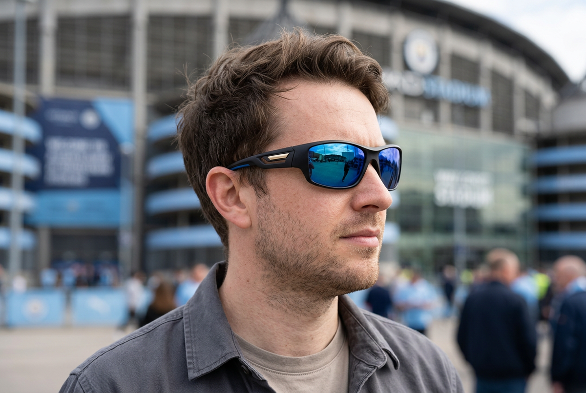 Man wearing black sunglasses with blue mirrored lenses and gold temple accents outside Manchester’s Etihad Stadium