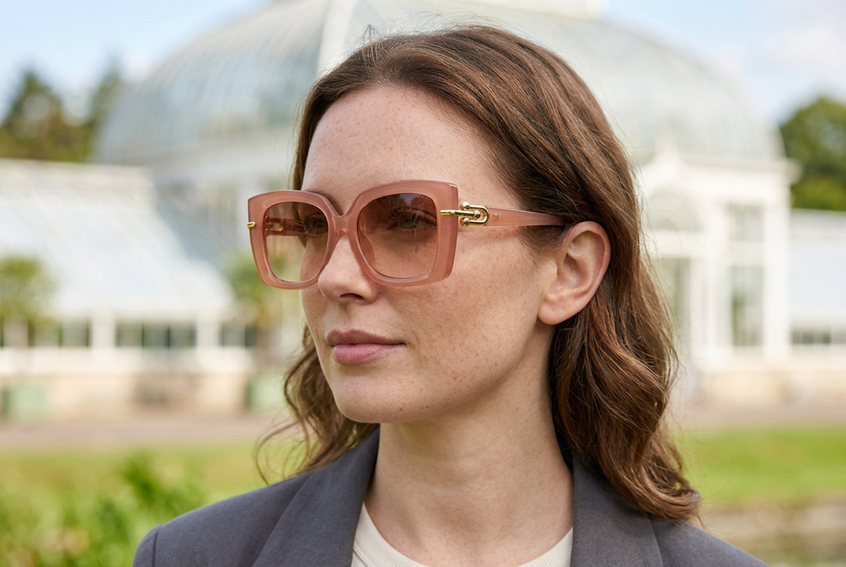 Woman wearing oversized peach-pink sunglasses with gold link-style hinges and brown gradient lenses in front of the Kibble Palace at Glasgow Botanic Gardens