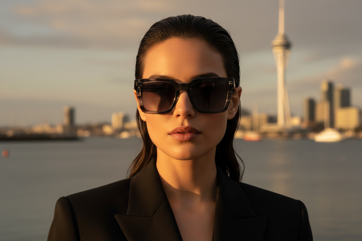 Woman wearing Missandtrendy UV 400 polarised smoky grey acetate sunglasses with Spinnaker Tower Portsmouth harbour in background