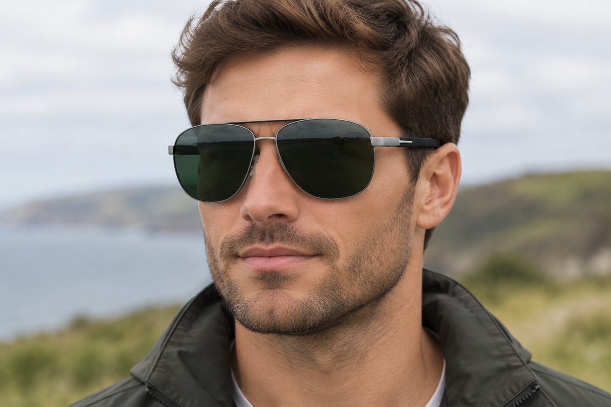 Man wearing metal sunglasses with dark green uv polarised lenses against a coastal background.