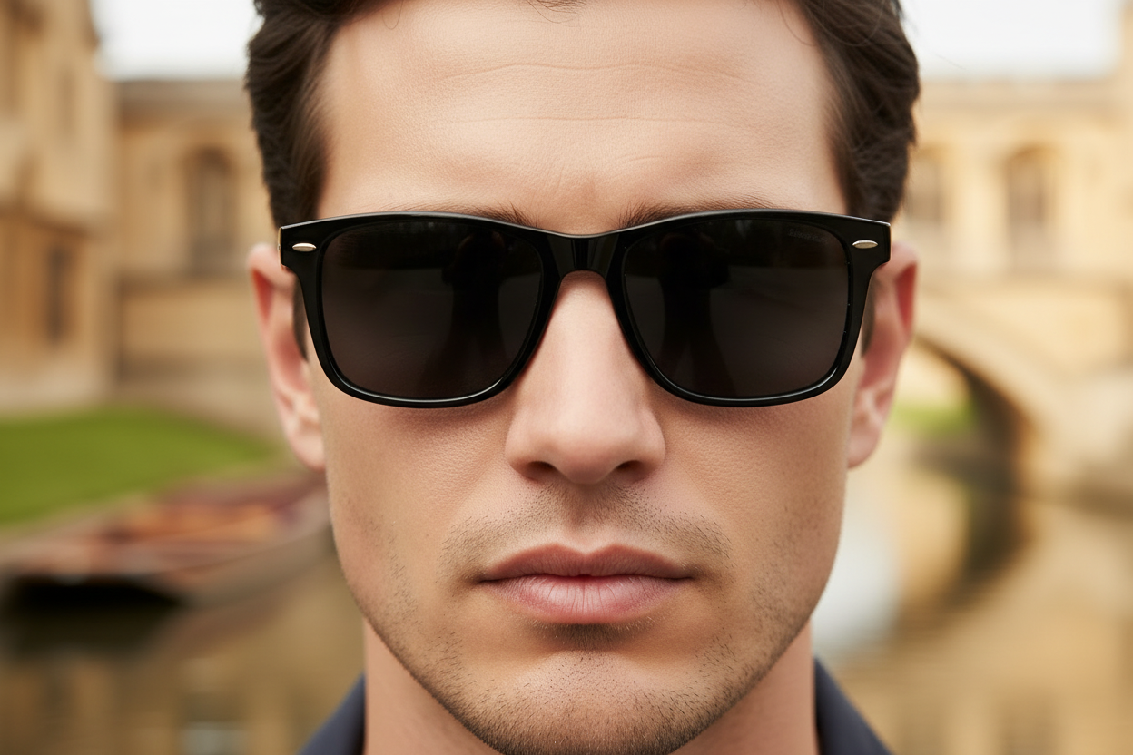 Man wearing Missandtrendy Crystal II UV400 polarised black rectangular sunglasses in Oxford