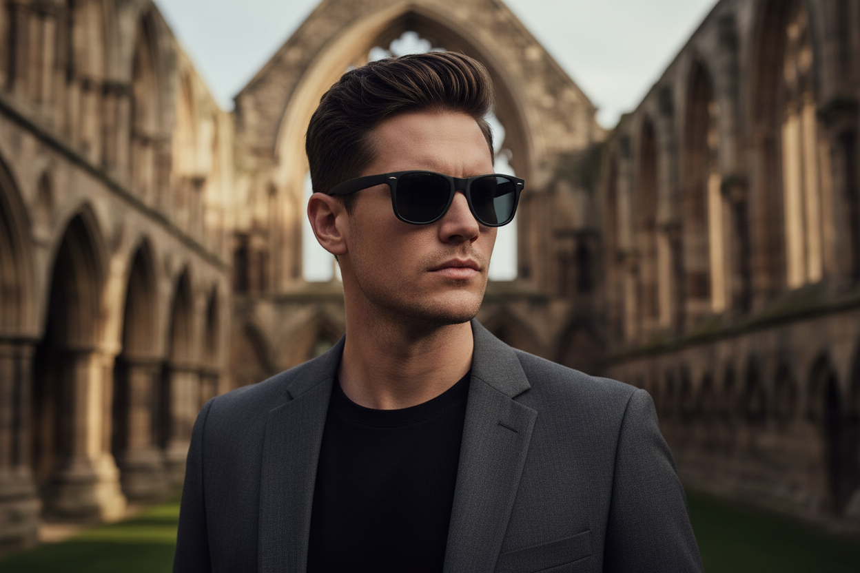 Man wearing classic matte black wayfarer polarised sunglasses in Coventry — UV 400 protection for the West Midlands