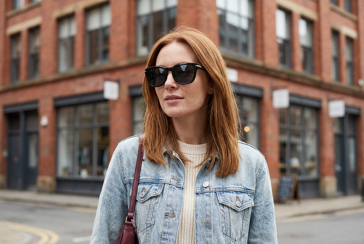 Woman wearing black sunglasses with gold temple details and a denim jacket, against red-brick buildings in Manchester’s Northern Quarter