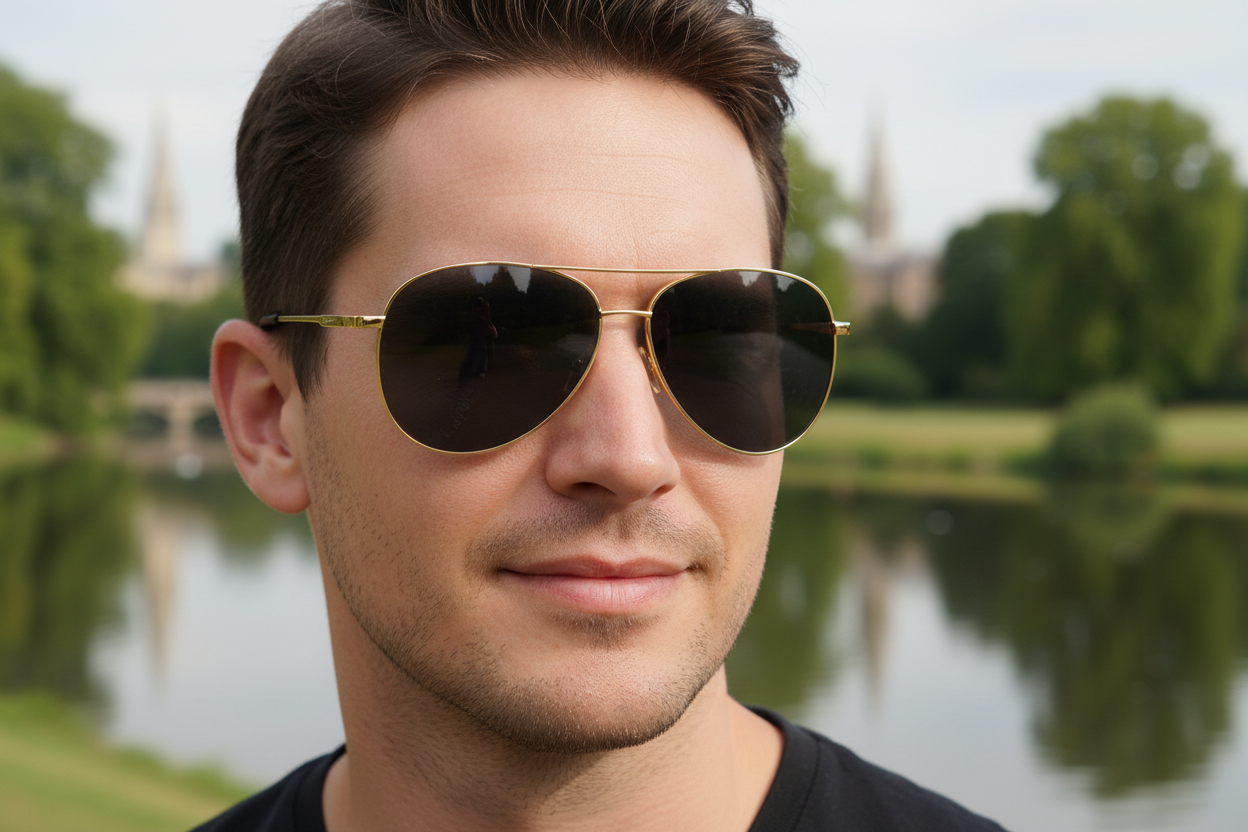 Man wearing Missandtrendy polarised UV 400 gold wraparound aviator sunglasses outdoors in Peterborough — gold frame dark lens