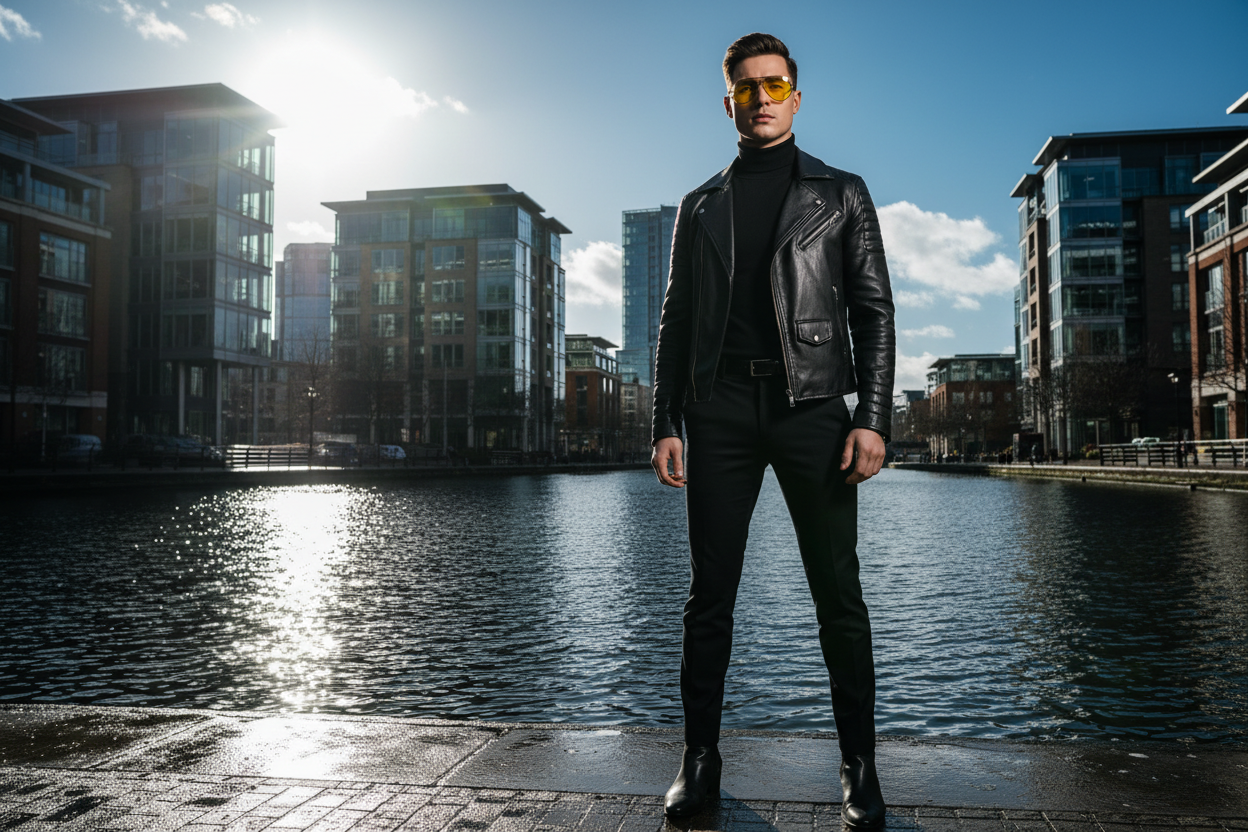 Person wearing yellow lens polarised aviator sunglasses by Birmingham canal at Brindleyplace, sun glare reflecting off the water — Missandtrendy polarised sunglasses Birmingham