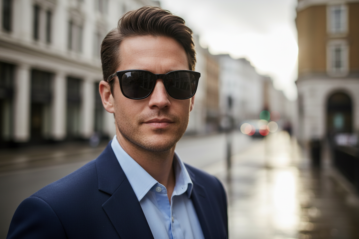 Man wearing Missandtrendy London UV400 polarised sunglasses on a London street after rain