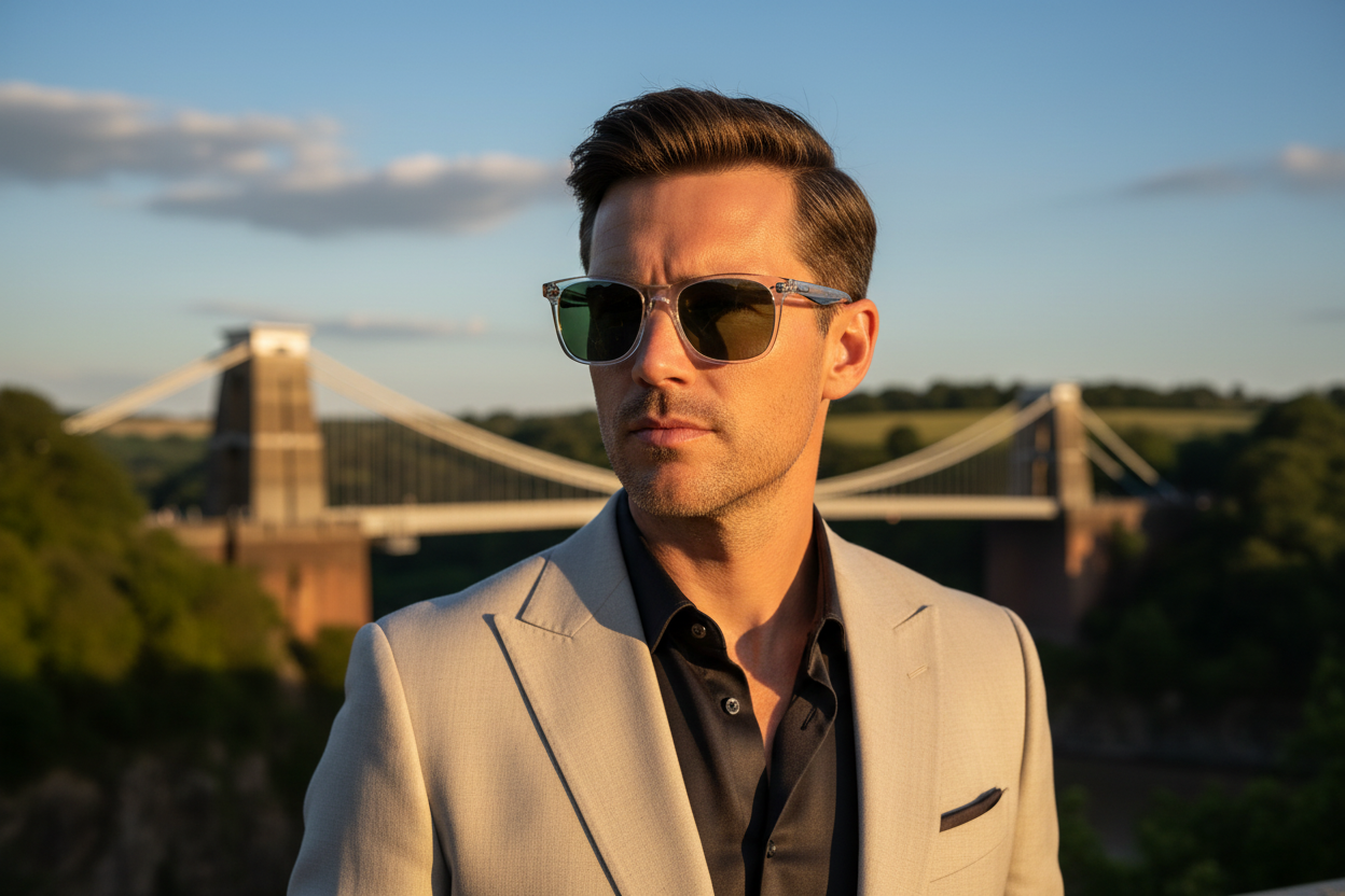 Man wearing clear transparent frame sunglasses with green polarised lenses at Clifton Suspension Bridge Bristol, Avon Gorge in the background — Missandtrendy® polarised sunglasses Bristol