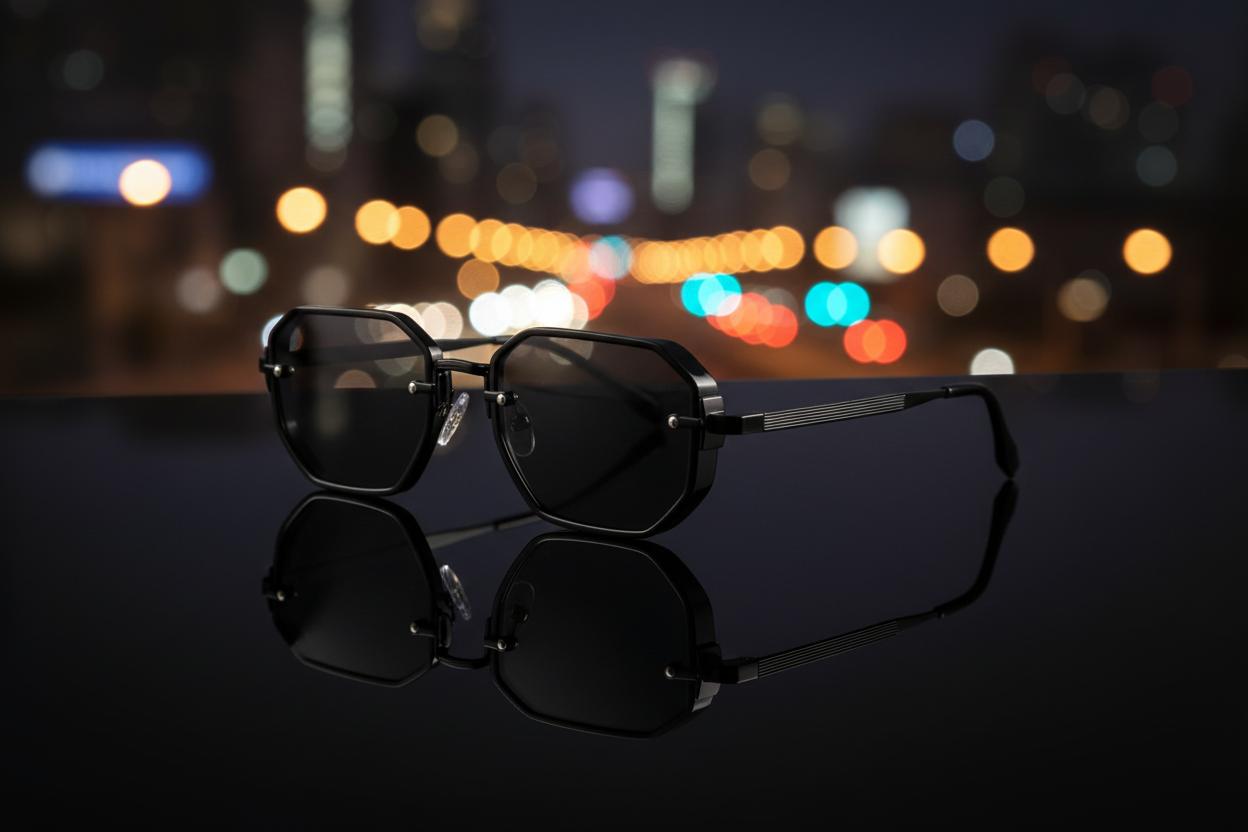 Octagonal black metal frame sun glasses on a reflective surface with moody urban bokeh background — Missandtrendy