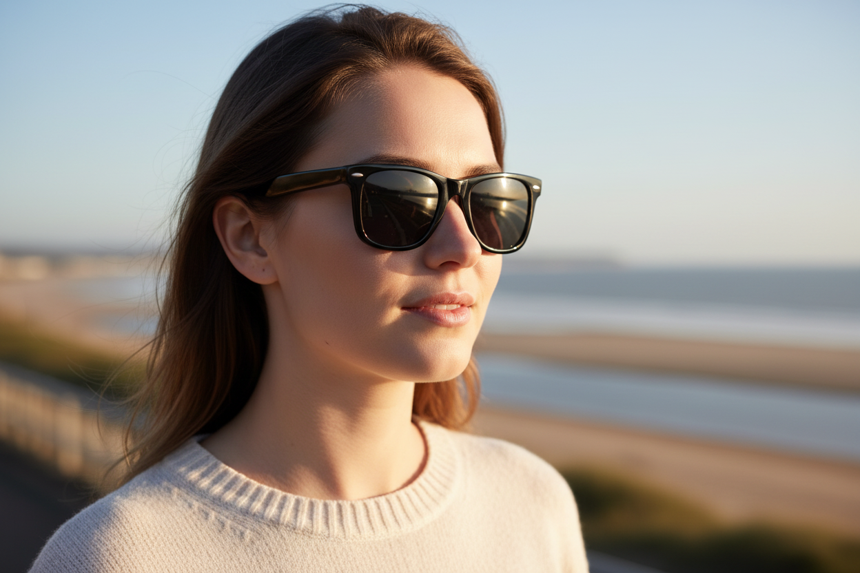 Woman wearing Missandtrendy polarised UV 400 wayfarer sunglasses outdoors at Roker Beach Sunderland — black frame black lens