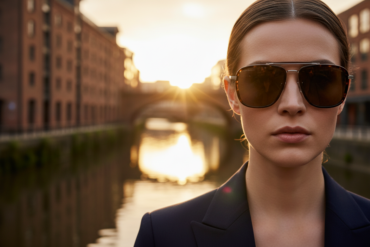 Stylish man wearing tortoiseshell polarised aviator sunglasses at Granary Wharf Leeds, golden hour light reflecting off the River Aire with the Dark Arches in the background — Missandtrendy® polarised sunglasses Leeds
