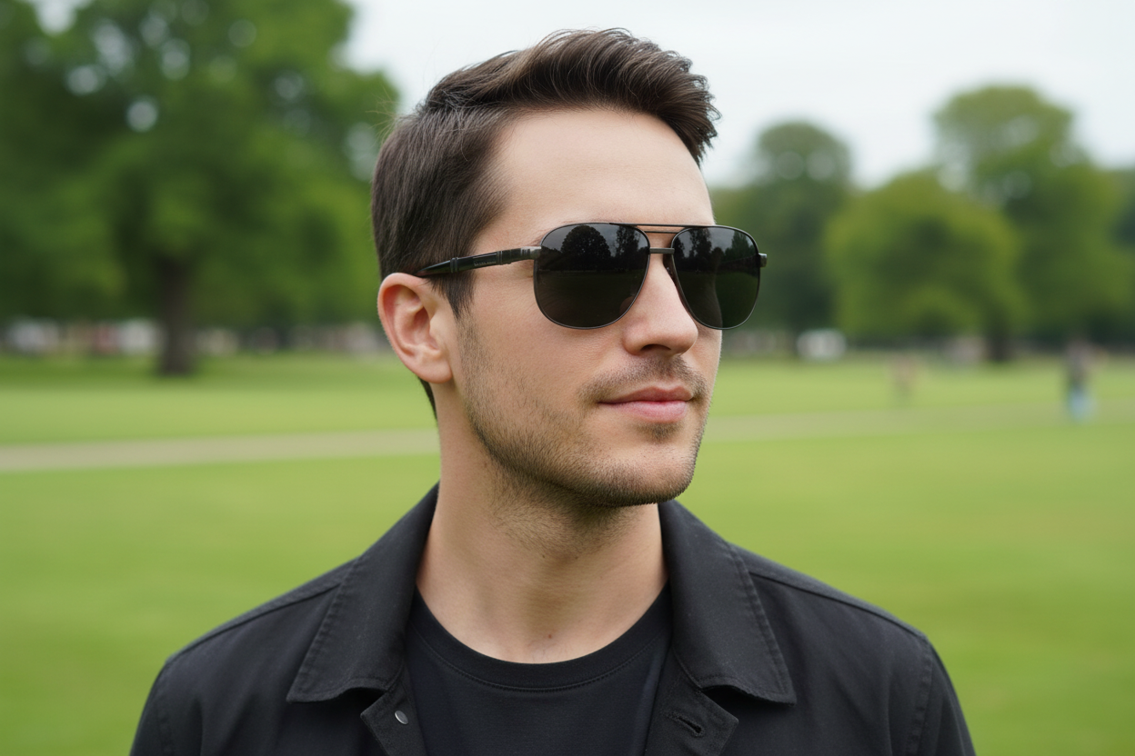 Man wearing Missandtrendy polarised UV 400 square aviator sunglasses outdoors in Wakefield — gunmetal frame black lens
