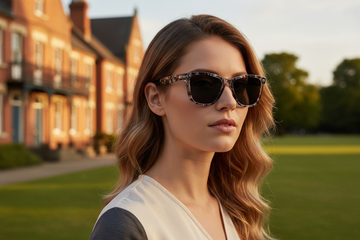 Woman wearing grey tortoiseshell camo wayfarer polarised sunglasses in Leicester — UV 400 protection for the East Midlands
