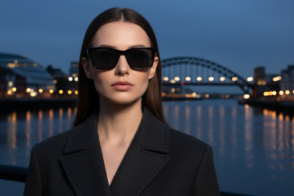 Woman wearing wide rectangular plain black polarised sunglasses on Newcastle Quayside at blue hour, Tyne Bridge and River Tyne in the background — Missandtrendy® polarised sunglasses Newcastle