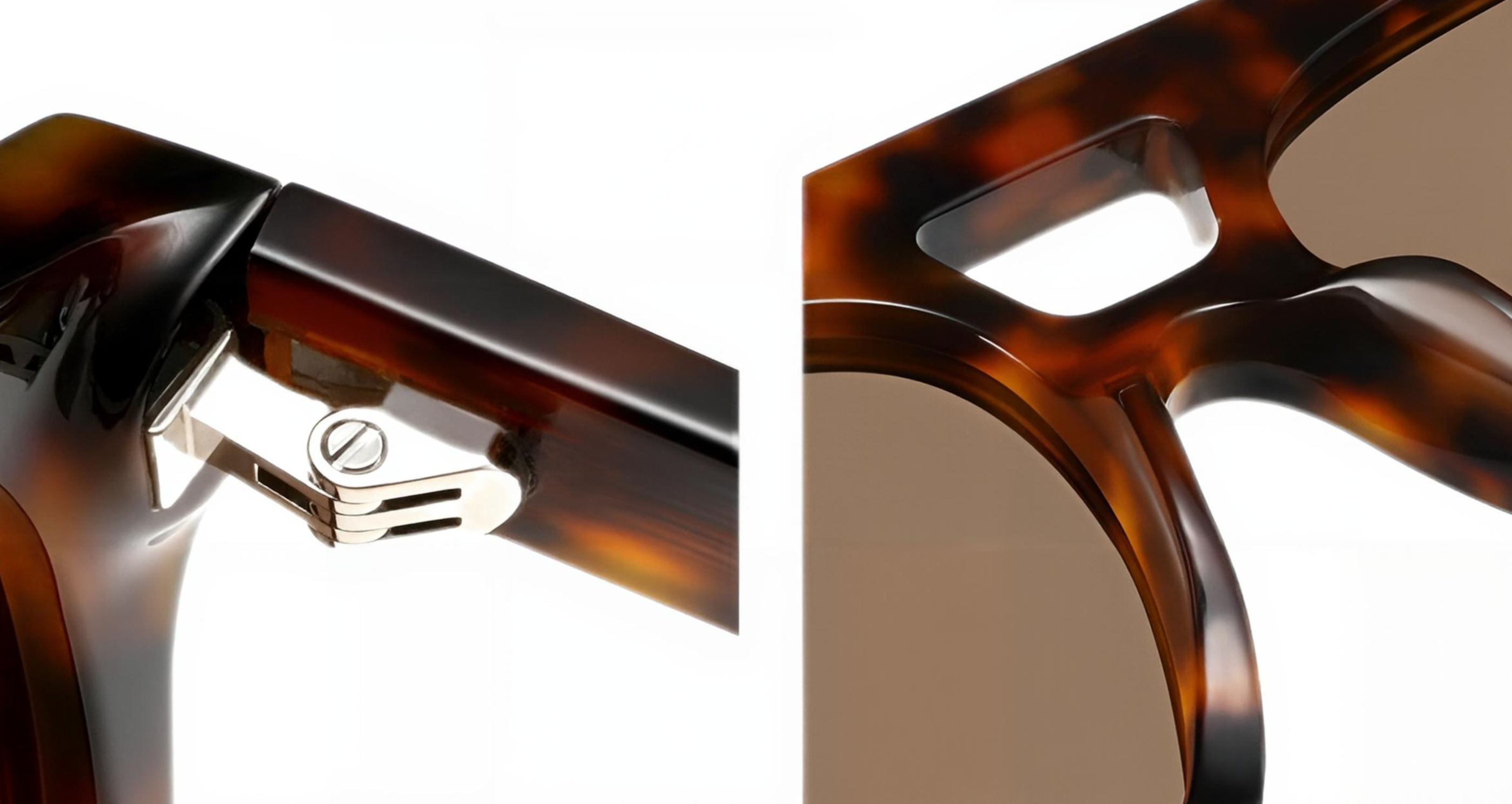 Close-up detail shots of tortoiseshell sunglasses frames, showing the hinge with a silver metal accent and the temple curve with tinted lenses.