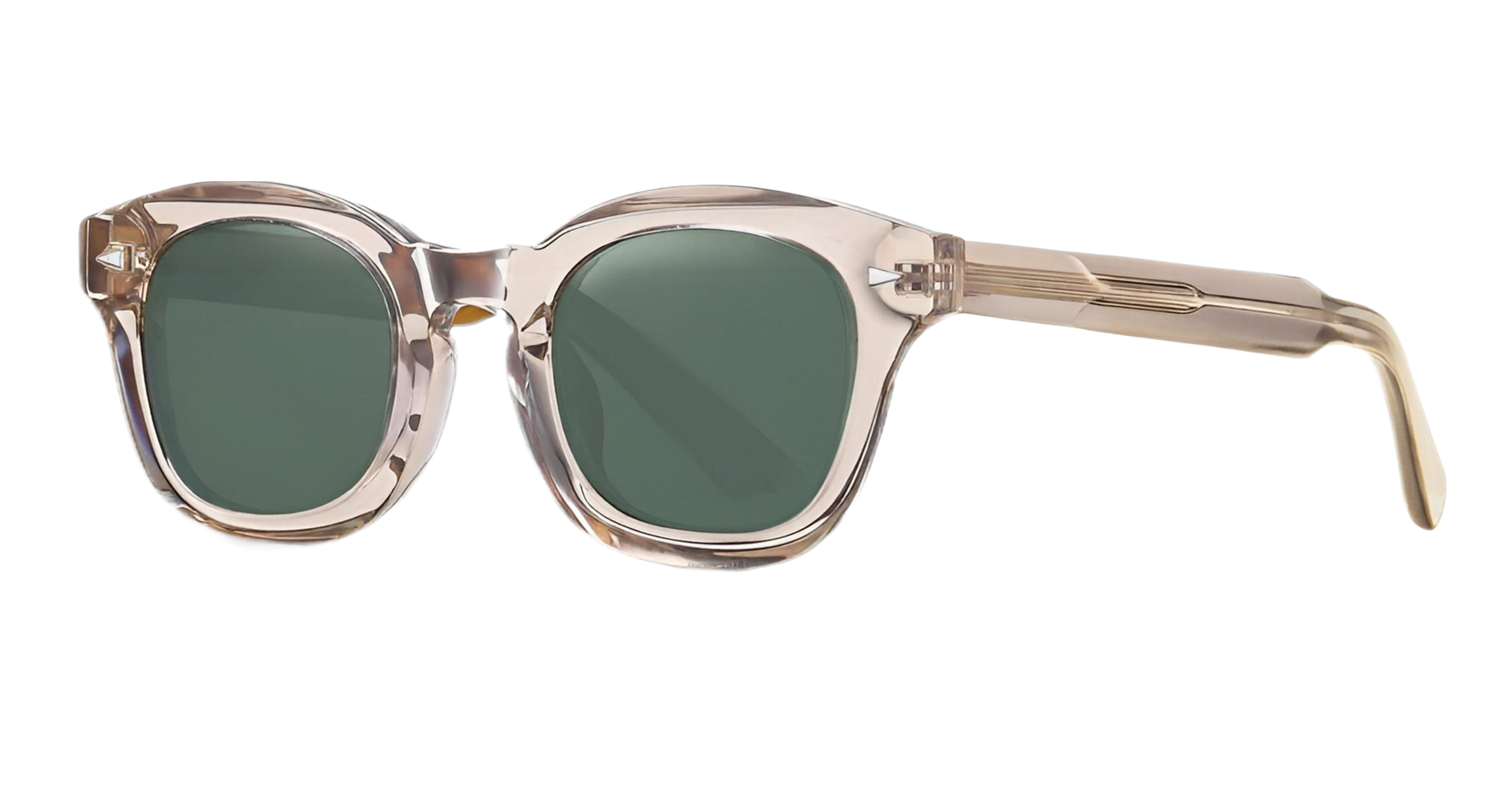 Catwalk Square sunglasses with a translucent light beige frame and dark green lenses, shown from a side angle on a white background.