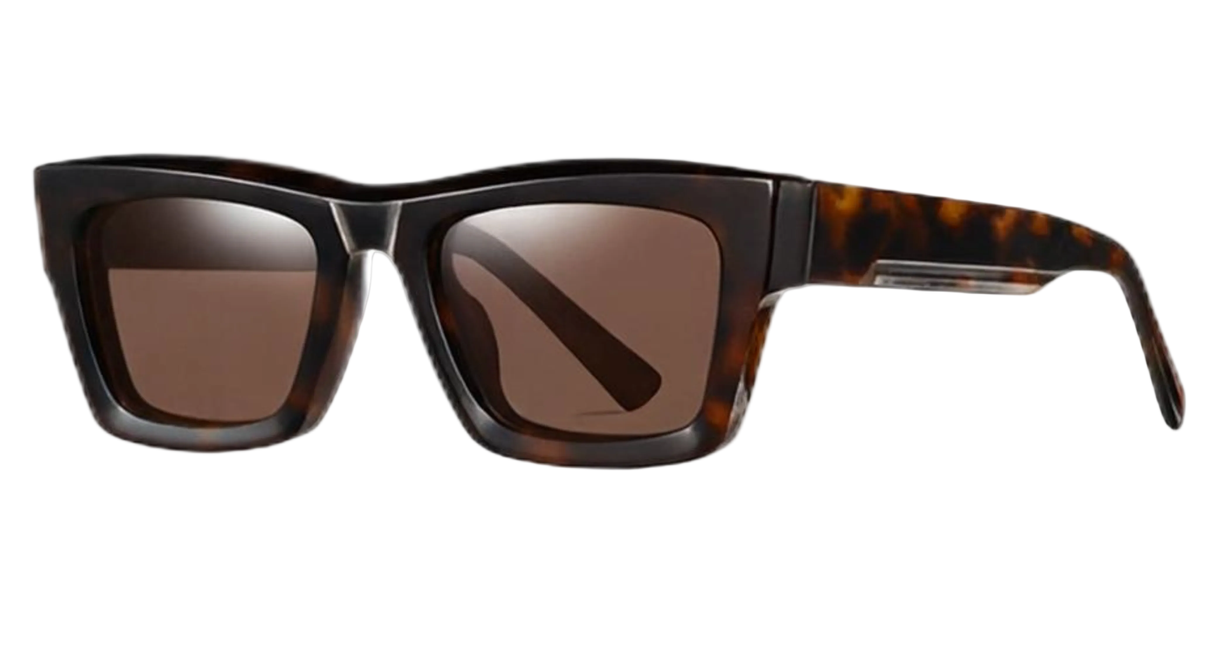 London - A pair of square sunglasses with dark brown tinted lenses and a dark brown and black tortoiseshell frame, shown against a plain white background by Missandtrendy