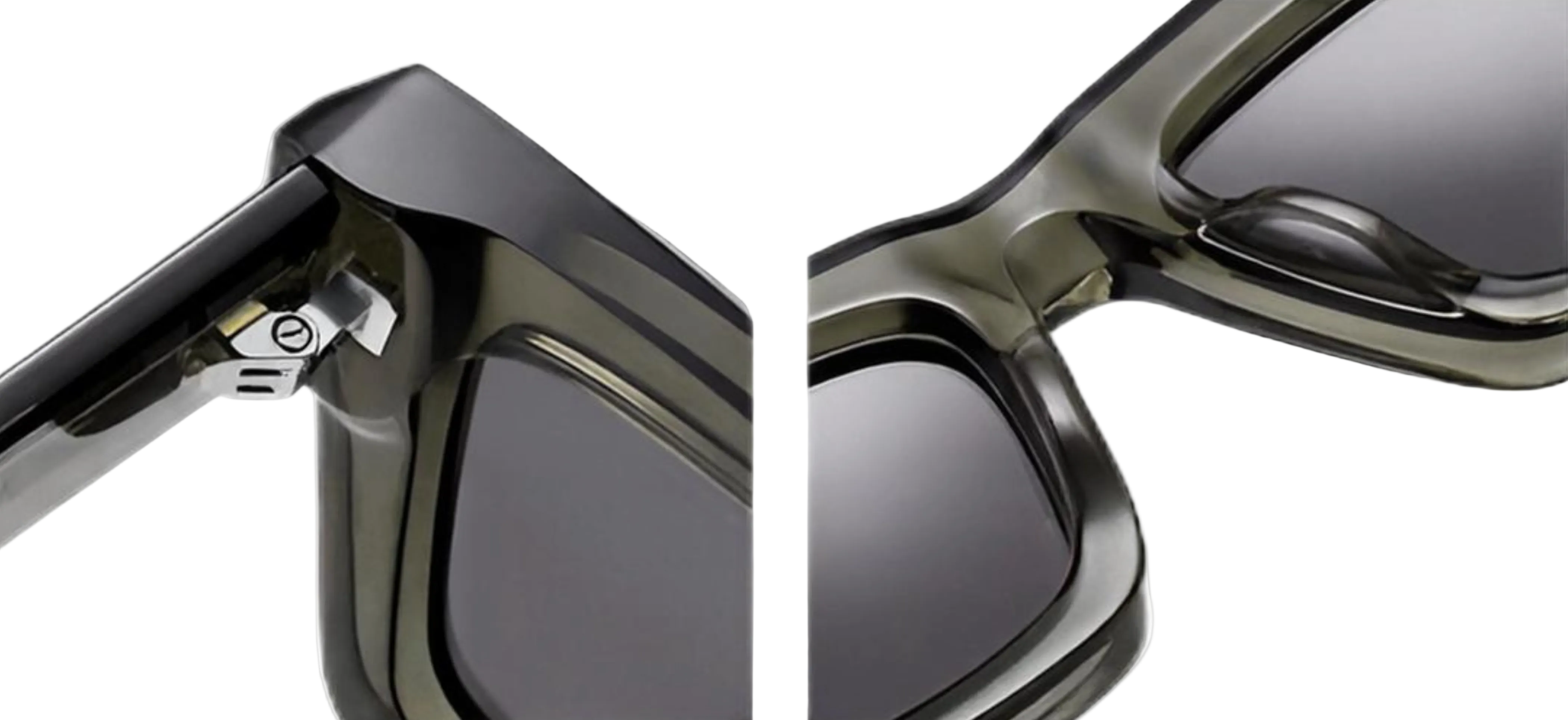 London - Close-up detail shots of a pair of sunglasses showing the hinge mechanism and the side profile of a translucent dark gray-green acetate frame with dark lenses, set against a plain white background.