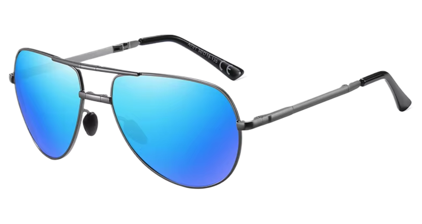 A pair of modern folding aviator-style eyeglasses with a thin silver-tone metal frame, mirror blue lenses, and black temple tips, shown on a clean white background by 45º view Missandtrendy