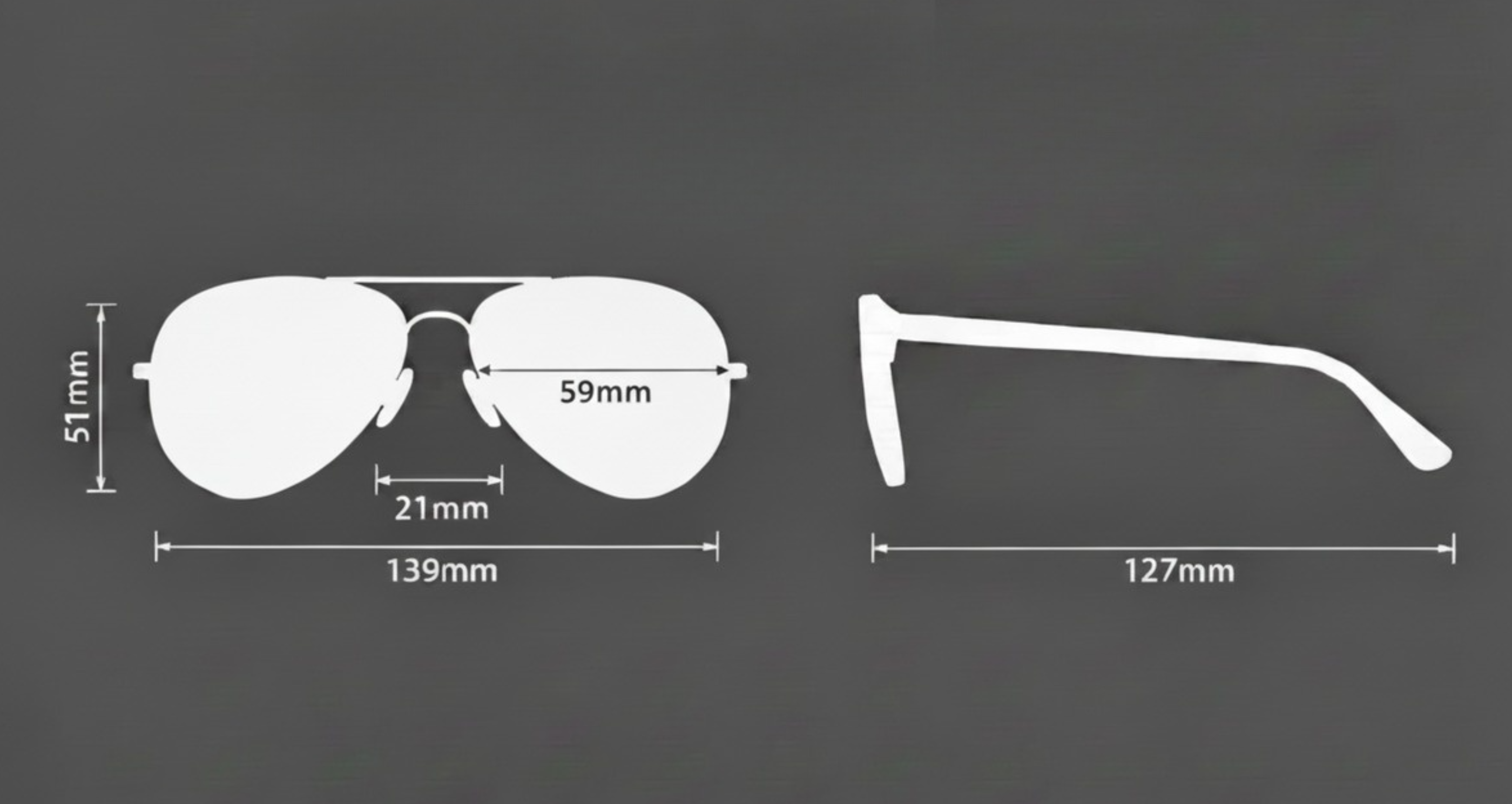 White silhouette diagram of aviator-style sunglasses showing front and side views with dimension labels on a dark gray background.