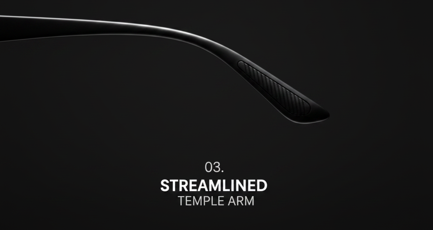 Close-up of a black temple arm with a textured grip design, shown against a dark background with the text '03. STREAMLINED TEMPLE ARM'. By Missantrendy