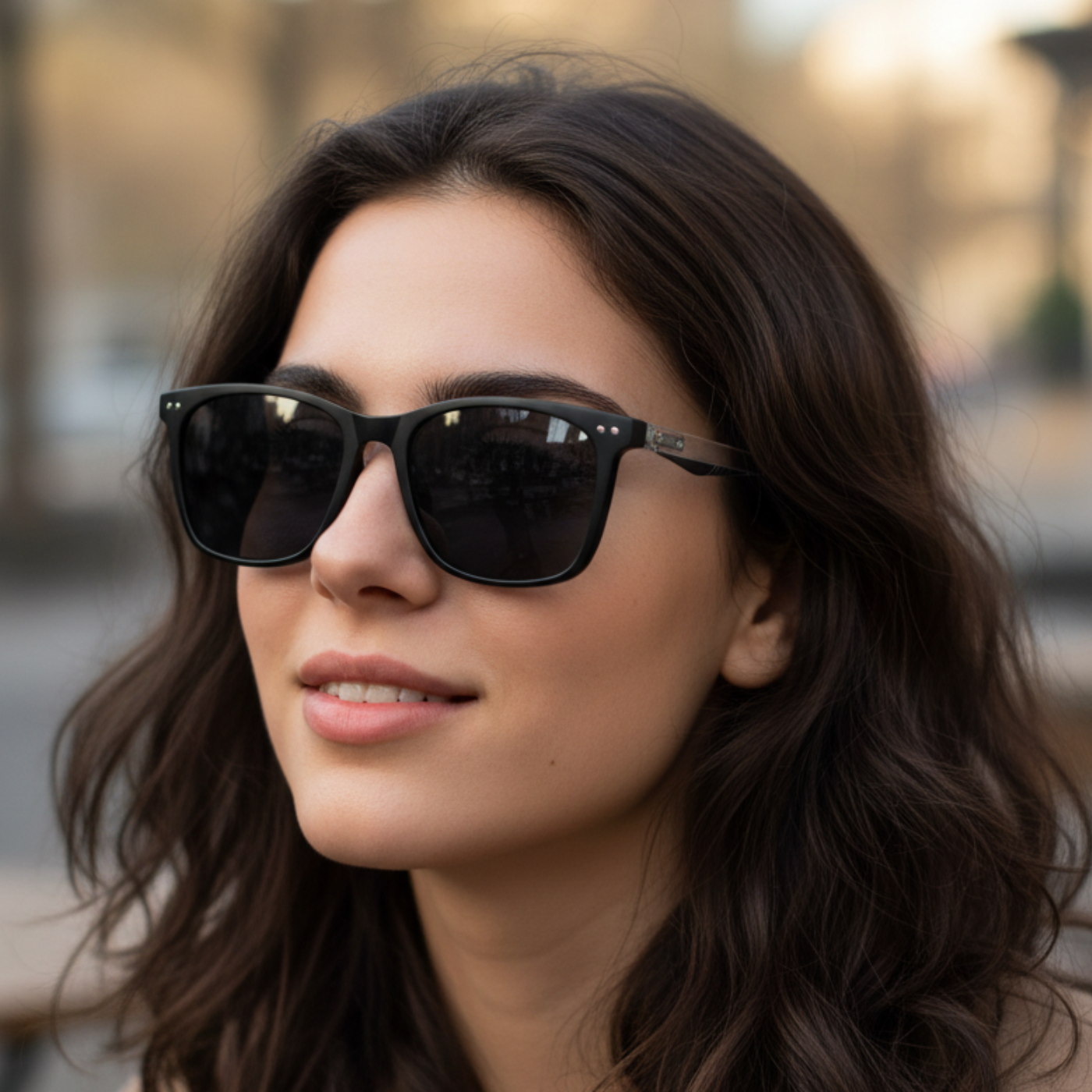 A close-up of a woman with wavy dark brown hair wearing black square sunglasses with dark lenses in an outdoor setting with a blurred background. By Missandtrendy
