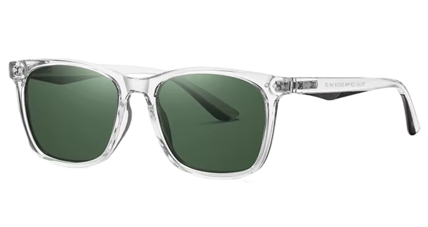 Missandtrendy Bristol wayfarer sunglasses with clear transparent frame and green lens 45º side view.