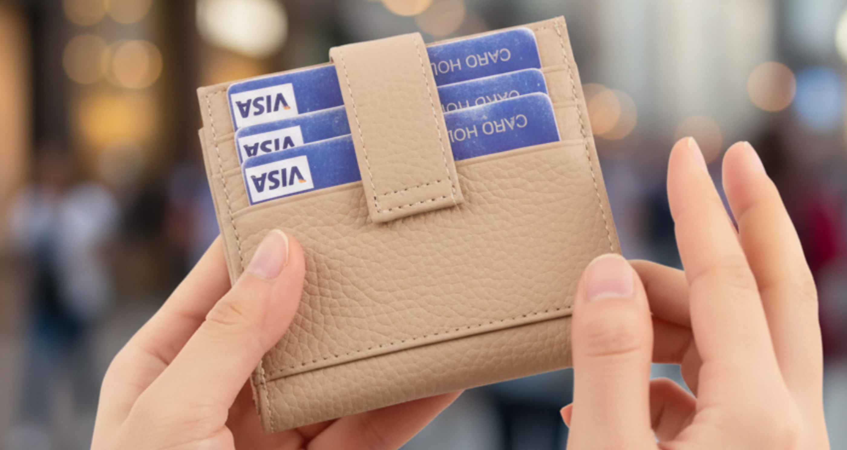 Genuine Leather Card Holder for Women Perfect Gift RFID Apricot with cards back.