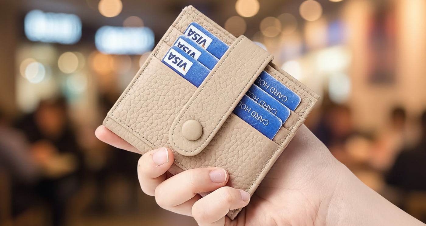 Genuine Leather Card Holder for Women Perfect Gift RFID Apricot with cards front.