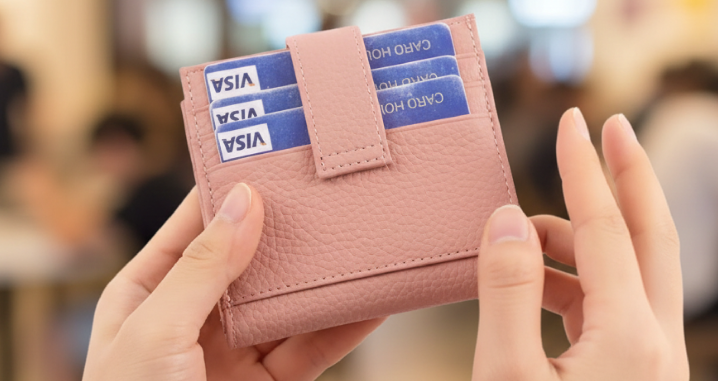 Genuine Leather Card Holder for Women Perfect Gift RFID Pink with cards front back.