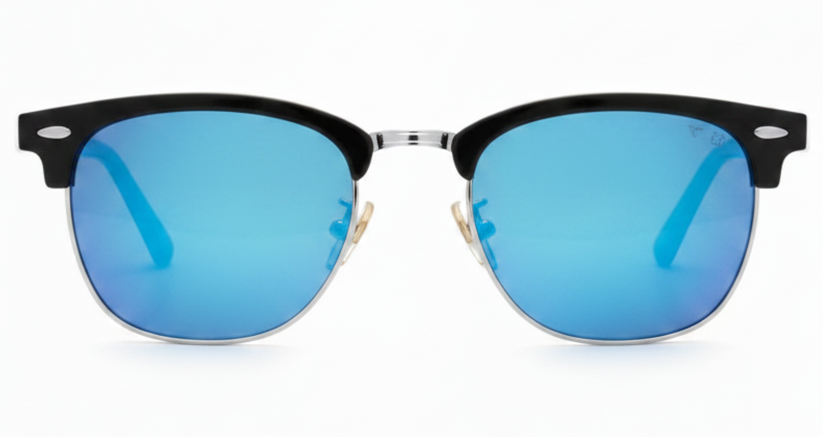 Cardiff - A pair of half-rimmed sunglasses with a black acetate front, silver metal bridge, and vibrant blue mirrored lenses, shown against a plain white background - Missandtrendy