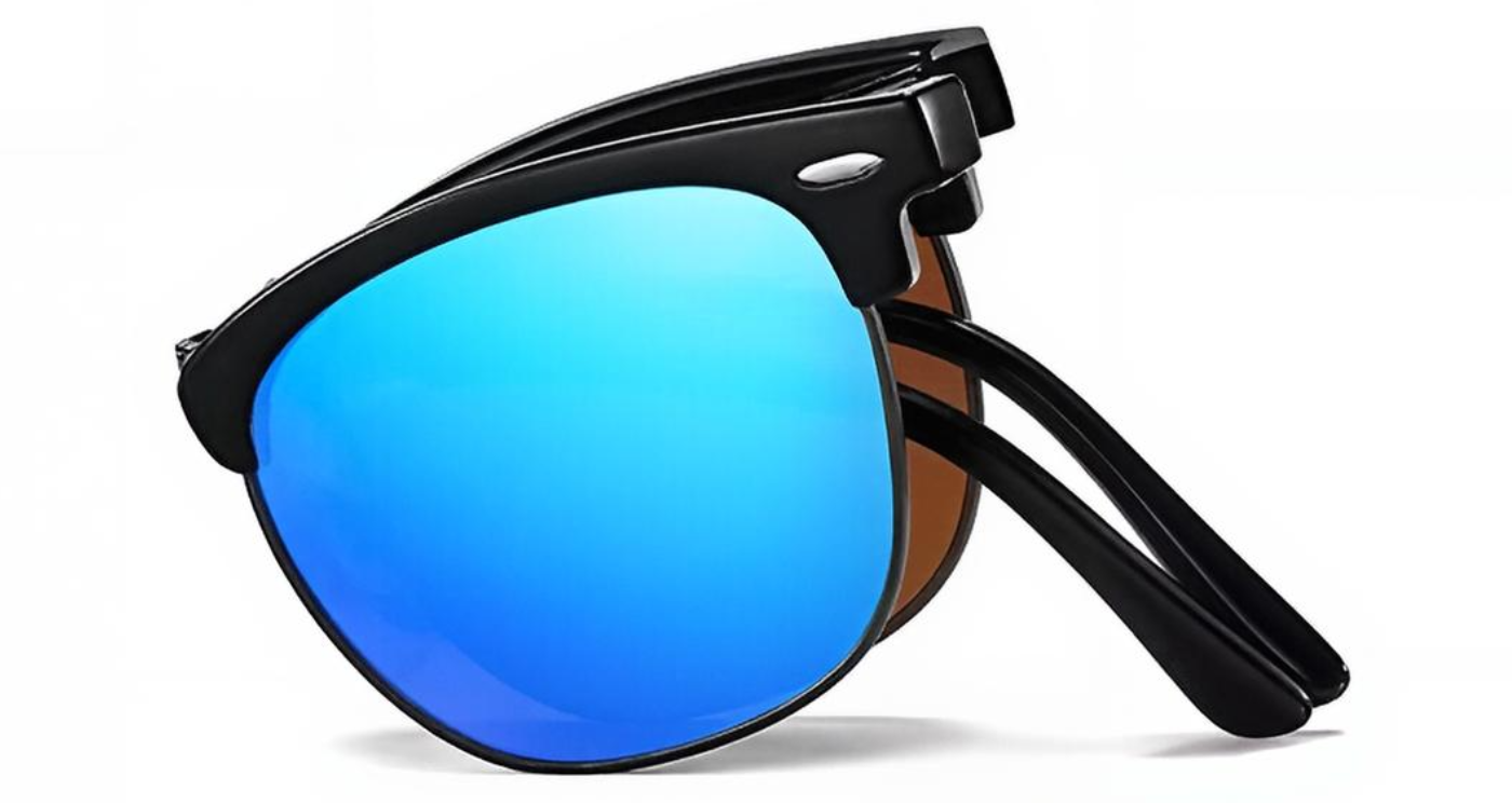 Cardiff - Black aviator-style sunglasses with a large mirrored blue lens and black temple arms, shown on a clean white background - Missandtrendy