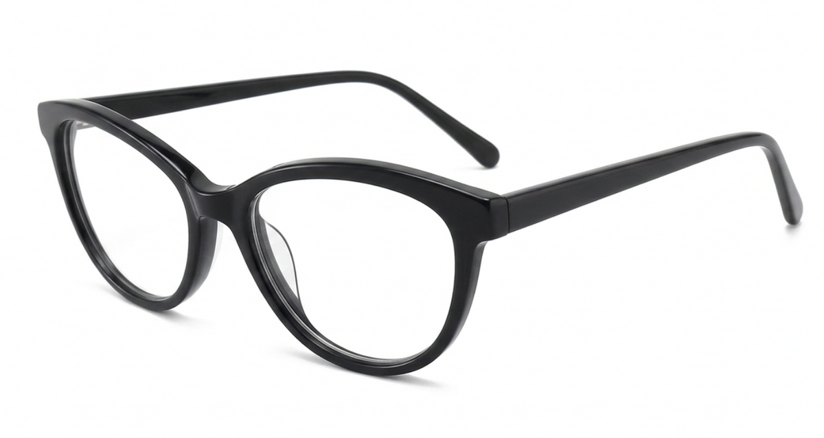 Cat-eye prescription lens glasses with Acetate frame front view. Pair of glasses with a clear lens on a white background