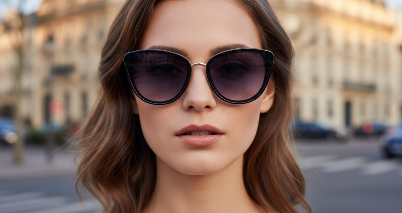 Missandtrendy Cayenne III Women's Polycarbonate black frame and gradient blue lens Butterfly UV 400 Sunglasses worn by an elegant female model