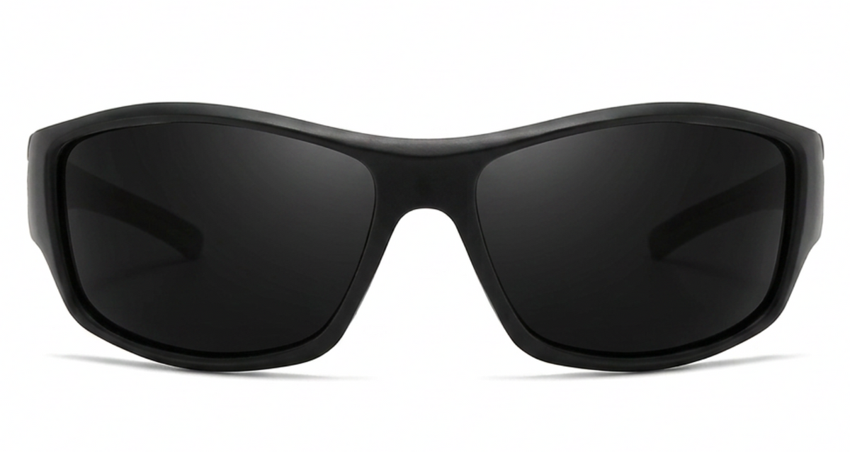 Black wrap-around Polarised UV 400 Sports Cycling Sunglasses with dark tinted lenses, shown from the front on a white background.