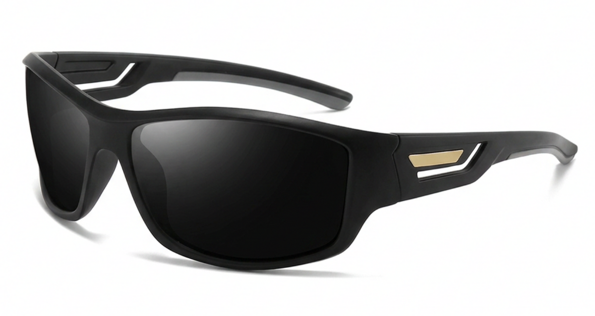 Black wrap-around Polarised UV 400 Sports Cycling Sunglasses with dark lenses and small gold accent details on the temples, shown on a clean white background.