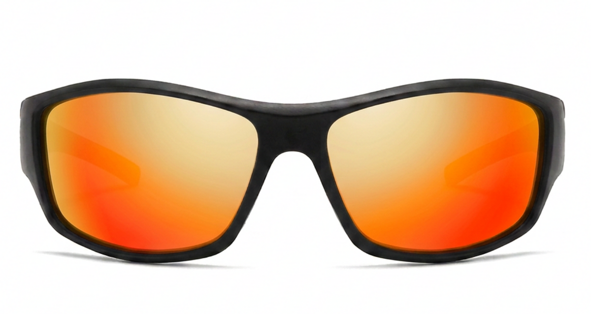 Black wrap-around Polarised UV 400 Outdoor Sports Sunglasses with mirrored orange and yellow gradient lenses, shown against a plain white background.