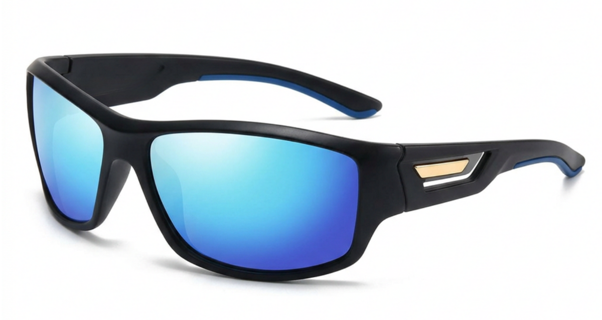 Black wrap-around Polarised UV 400 Sports Cycling Sunglasses with mirrored blue lenses and a small gold accent on the temple, shown on a white background.