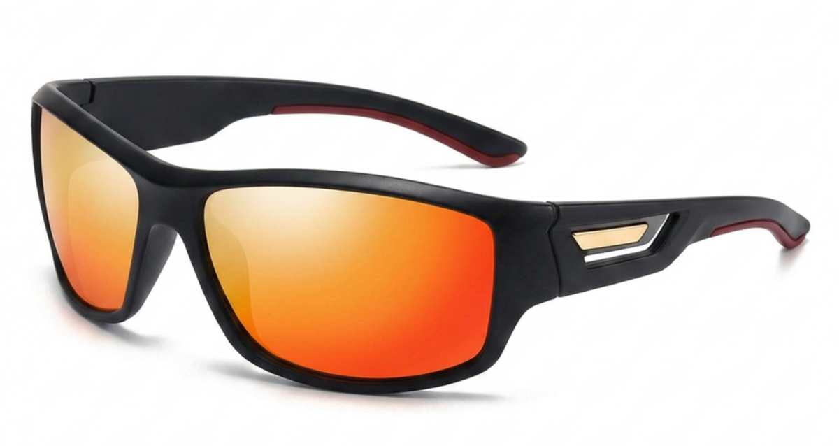 Black wrap-around Polarised UV 400 Outdoor Sports Sunglasses with vibrant orange mirrored lenses and a small gold accent on the temple.