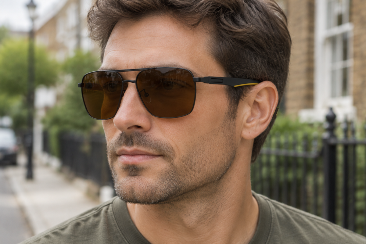 A man wearing dark brown aviator-style sunglasses with black metal frames and a small yellow accent on the temple, photographed outdoors on a blurred street background.