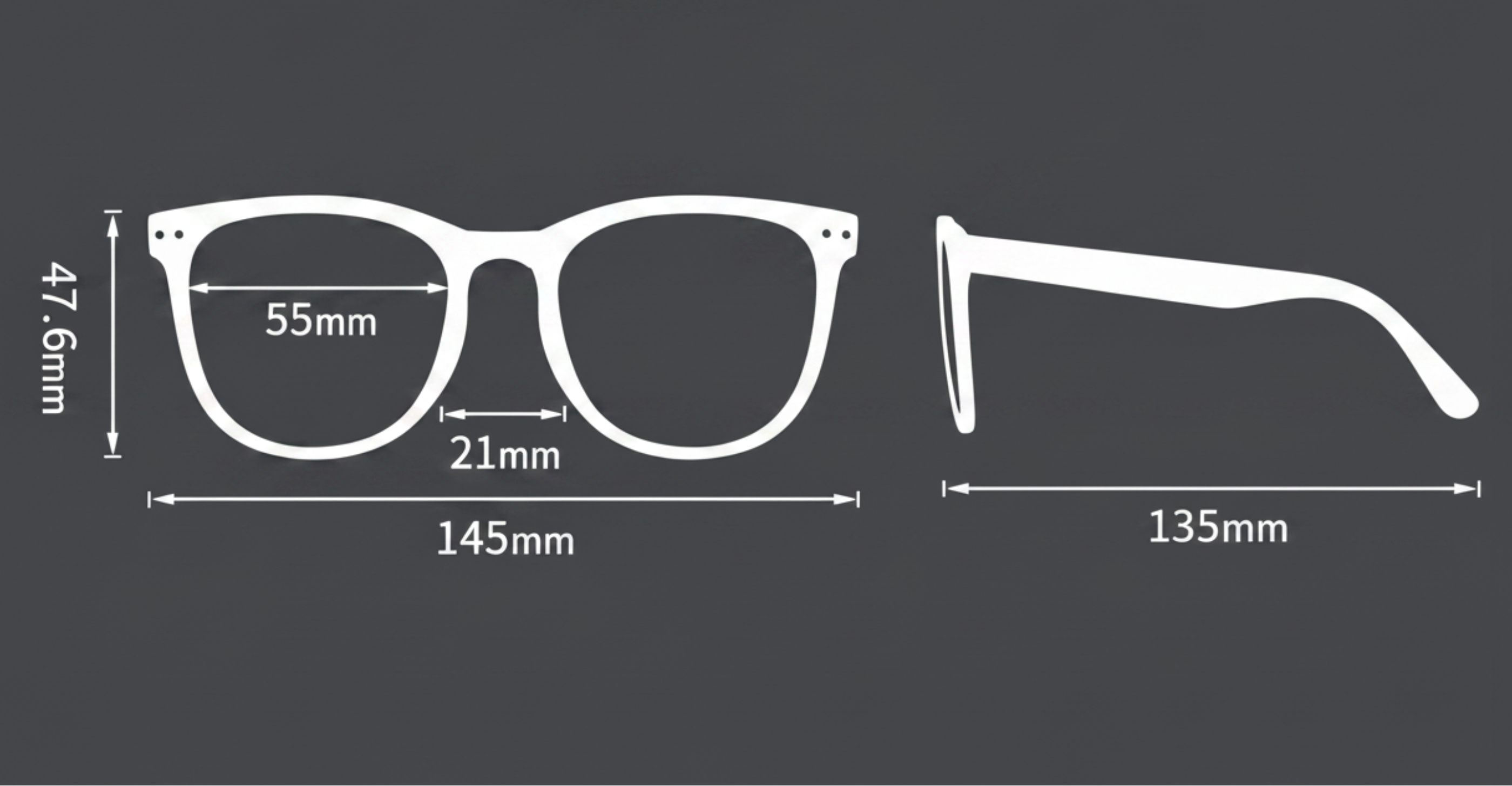 White line drawing of a pair of eyeglasses shown from front and side views with measurement labels on a dark gray background.