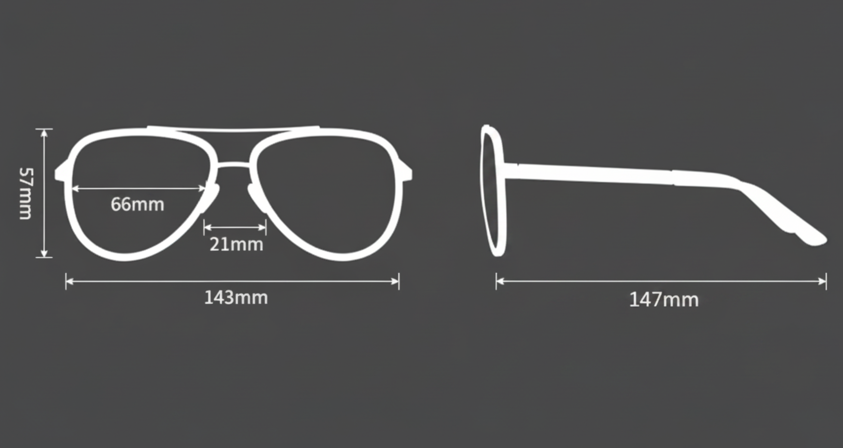 White line drawing of aviator-style sunglasses showing front and side profile dimensions on a dark gray background, with labels for 143mm width, 147mm temple length, 66mm lens width, and 21mm nose bridge.