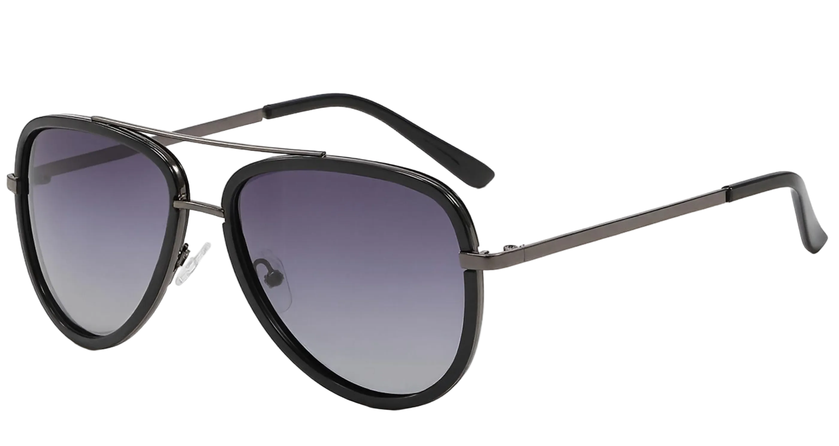 Dallas teardrop aviator - A pair of aviator-style sunglasses with a black frame and gradient gray UV 400 polarised lenses, shown from a three-quarters angle on a plain white background - Missandtrendy