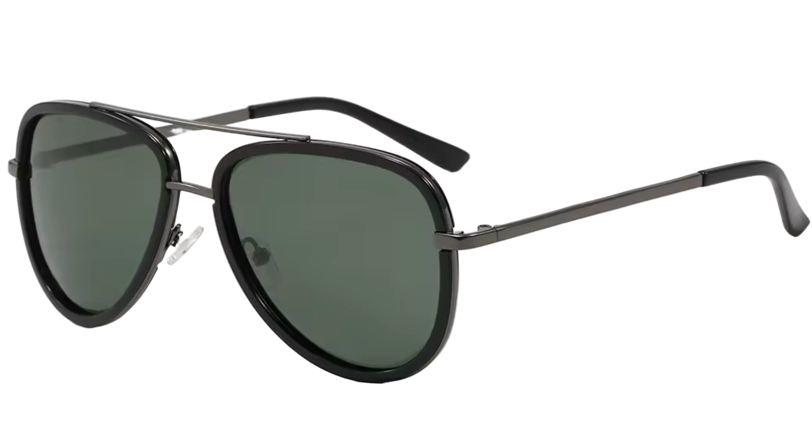 Dallas - A pair of aviator-style sunglasses with a black frame and dark green UV polarised lenses, shown at a three-quarter angle on a plain white background - Missandtrendy