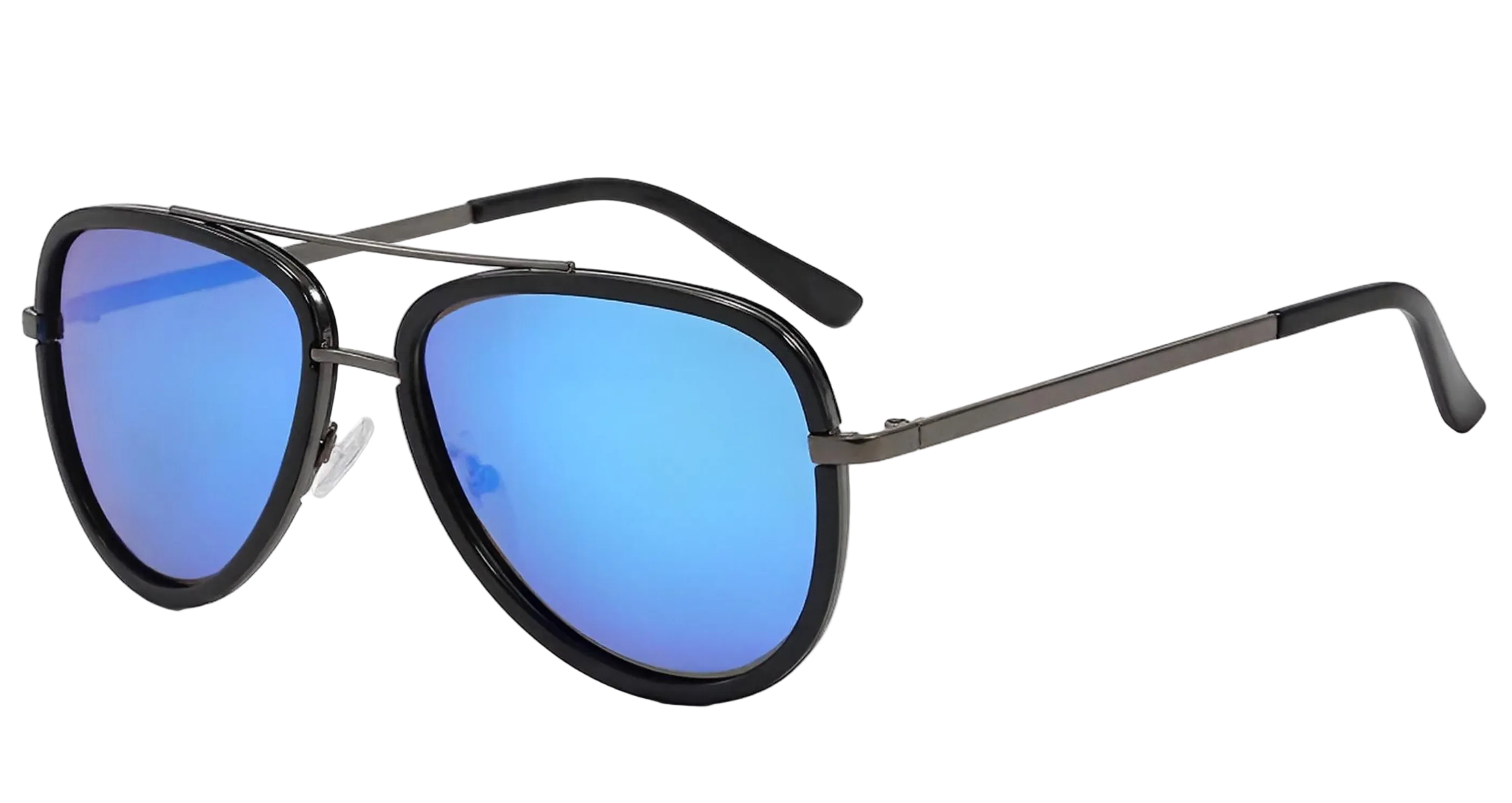 Dallas Mirror - A pair of aviator-style sunglasses with a black frame and blue mirrored UV 400 polarised lenses, shown on a plain white background - Missandtrendy