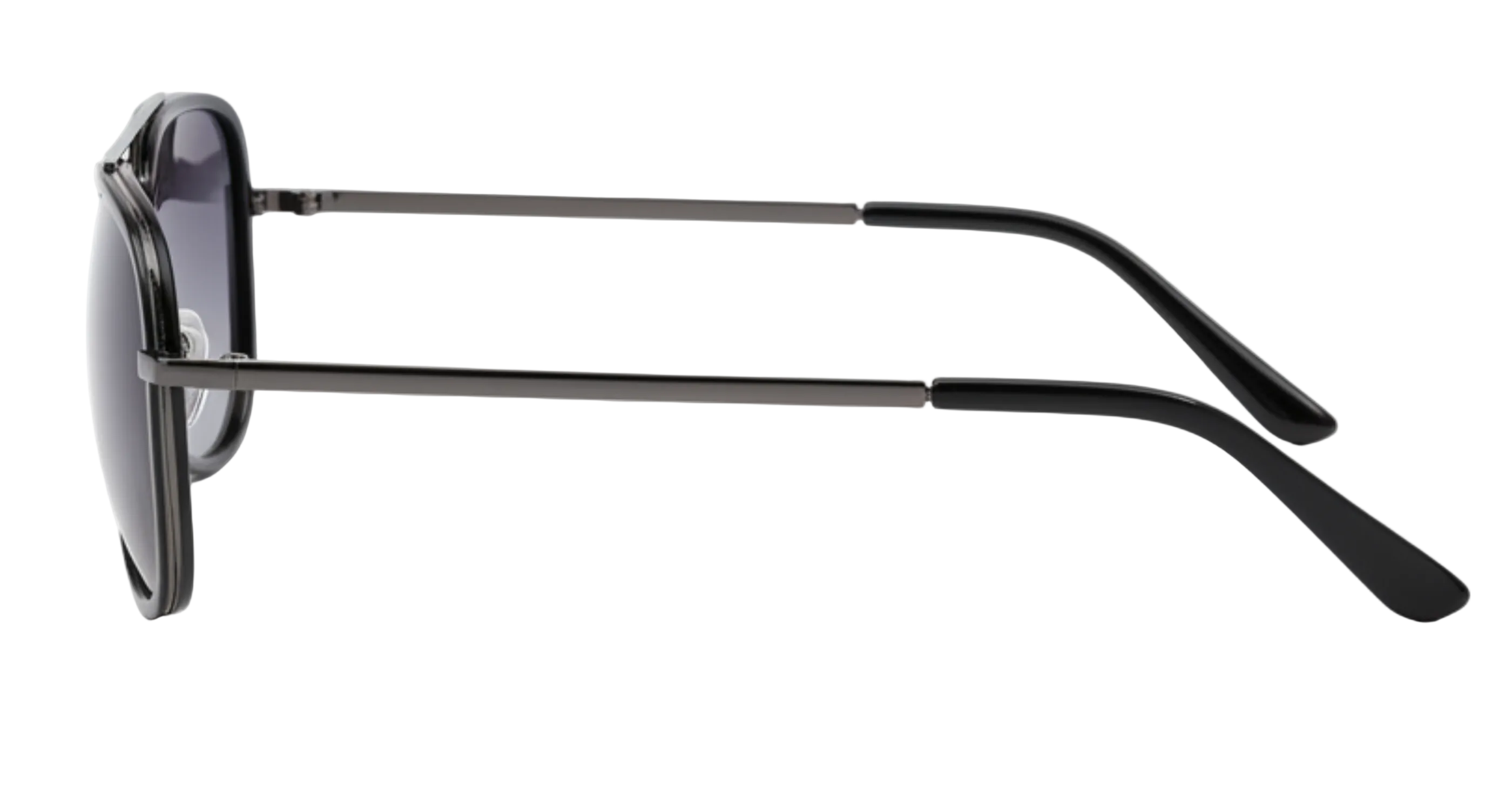 Dallas teardrop aviator - A pair of aviator-style sunglasses with dark gray UV 400 polarised lenses, a black metal frame, and black temple arms, shown from a side profile view on a white background - Missandtrendy