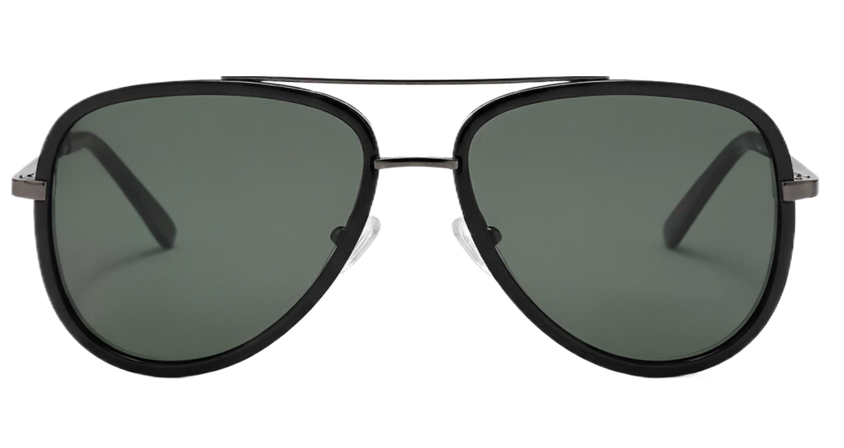 Dallas - A pair of classic aviator sunglasses with a black metal frame and dark green UV 400 polarised lenses, shown from a front-facing perspective on a solid white background - Missandtrendy